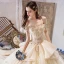 Luxury / Gorgeous Champagne Wedding Dresses 2019 Ball Gown Off-The-Shoulder Short Sleeve Beading Tassel Backless Appliques Lace Flower Glitter Tulle Royal Train Ruffle