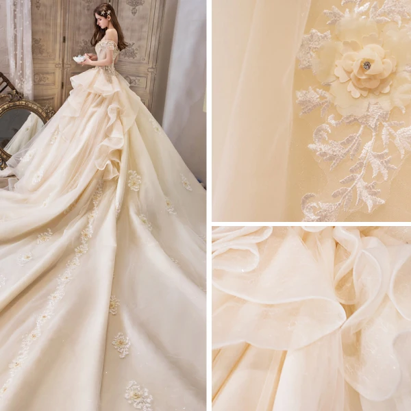 Luxury / Gorgeous Champagne Wedding Dresses 2019 Ball Gown Off-The-Shoulder Short Sleeve Beading Tassel Backless Appliques Lace Flower Glitter Tulle Royal Train Ruffle
