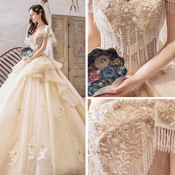 Luxury / Gorgeous Champagne Wedding Dresses 2019 Ball Gown Off-The-Shoulder Short Sleeve Beading Tassel Backless Appliques Lace Flower Glitter Tulle Royal Train Ruffle
