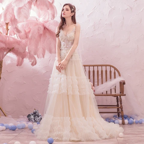 Romantisch Garten / Im Freien Sommer Champagner Brautkleider / Hochzeitskleider 2019 A Linie Spaghettiträger Ärmellos Rückenfreies Applikationen Spitze Perlenstickerei Sweep / Pinsel Zug Rüschen