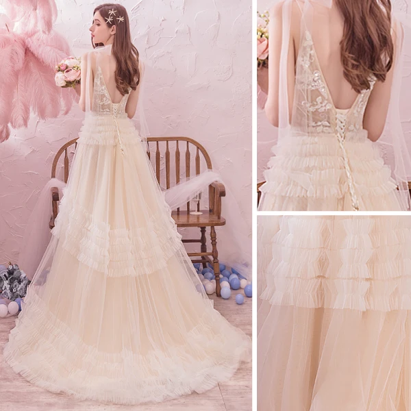 Romantic Outdoor / Garden Summer Champagne Wedding Dresses 2019 A-Line / Princess Spaghetti Straps Sleeveless Backless Appliques Lace Beading Sweep Train Ruffle