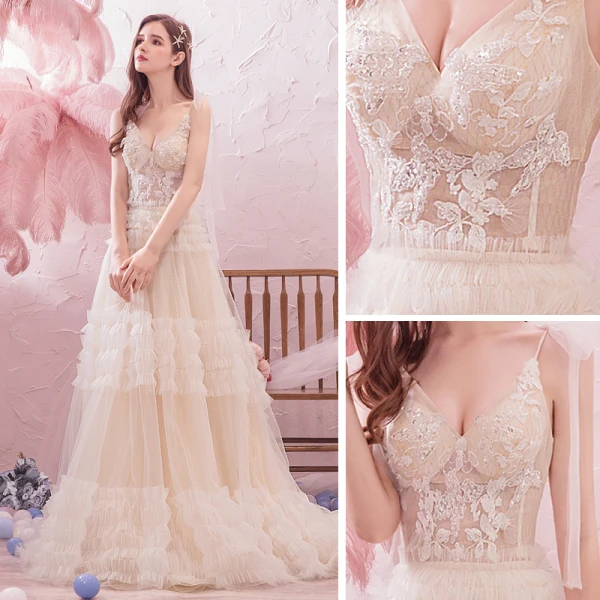 Romantic Outdoor / Garden Summer Champagne Wedding Dresses 2019 A-Line / Princess Spaghetti Straps Sleeveless Backless Appliques Lace Beading Sweep Train Ruffle