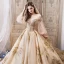 Luxe Champagne Robe De Mariée 2019 Robe Boule De l'épaule Gonflée 3/4 Manches Dos Nu Perlage Glitter Tulle Royal Train Volants