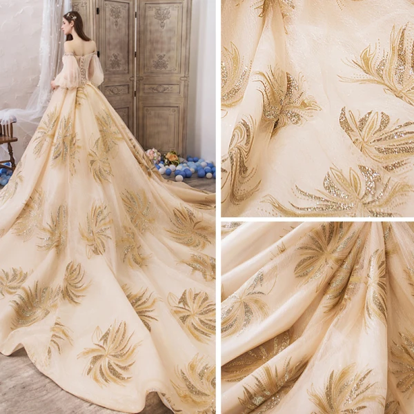 Luxe Champagne Robe De Mariée 2019 Robe Boule De l'épaule Gonflée 3/4 Manches Dos Nu Perlage Glitter Tulle Royal Train Volants