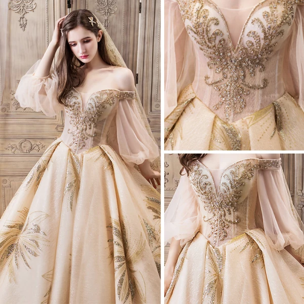 Luxe Champagne Robe De Mariée 2019 Robe Boule De l'épaule Gonflée 3/4 Manches Dos Nu Perlage Glitter Tulle Royal Train Volants