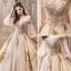 Luxe Champagne Robe De Mariée 2019 Robe Boule De l'épaule Gonflée 3/4 Manches Dos Nu Perlage Glitter Tulle Royal Train Volants