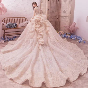 Vintage Retro Champagne See Through Wedding Dresses 2019 Ball Gown High Neck Short Sleeve Backless Handmade Beading Appliques Lace Glitter Tulle Royal Train Ruffle
