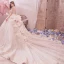 Vintage / Originale Champagne Transparentes Robe De Mariée 2019 Robe Boule Col Haut Manches Courtes Dos Nu Fait main Perlage Appliques En Dentelle Glitter Tulle Royal Train Volants