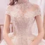 Vintage / Originale Champagne Transparentes Robe De Mariée 2019 Robe Boule Col Haut Manches Courtes Dos Nu Fait main Perlage Appliques En Dentelle Glitter Tulle Royal Train Volants