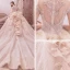 Vintage / Originale Champagne Transparentes Robe De Mariée 2019 Robe Boule Col Haut Manches Courtes Dos Nu Fait main Perlage Appliques En Dentelle Glitter Tulle Royal Train Volants