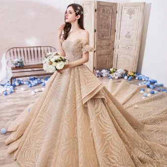 Luxury Gorgeous Champagne Wedding Dresses 2019 Ball Gown Off The Shoulder Short Sleeve Backless Handmade Beading Glitter Tulle Royal Train Ruffle