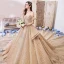 Luxury / Gorgeous Champagne Wedding Dresses 2019 Ball Gown Off-The-Shoulder Short Sleeve Backless Handmade  Beading Glitter Tulle Royal Train Ruffle
