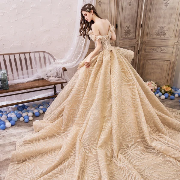 Luxury / Gorgeous Champagne Wedding Dresses 2019 Ball Gown Off-The-Shoulder Short Sleeve Backless Handmade Beading Glitter Tulle Royal Train Ruffle