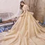 Luxury / Gorgeous Champagne Wedding Dresses 2019 Ball Gown Off-The-Shoulder Short Sleeve Backless Handmade  Beading Glitter Tulle Royal Train Ruffle