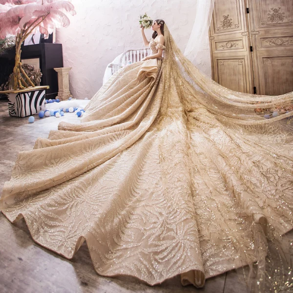 Luxury / Gorgeous Champagne Wedding Dresses 2019 Ball Gown Off-The-Shoulder Short Sleeve Backless Handmade Beading Glitter Tulle Royal Train Ruffle