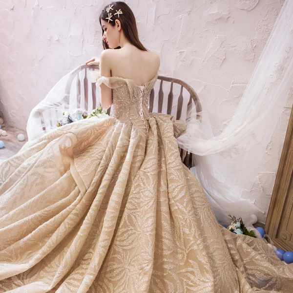Luxury / Gorgeous Champagne Wedding Dresses 2019 Ball Gown Off-The-Shoulder Short Sleeve Backless Handmade Beading Glitter Tulle Royal Train Ruffle
