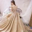 Luxury / Gorgeous Champagne Wedding Dresses 2019 Ball Gown Off-The-Shoulder Short Sleeve Backless Handmade  Beading Glitter Tulle Royal Train Ruffle
