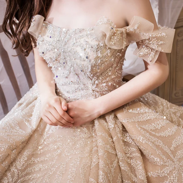 Luxury / Gorgeous Champagne Wedding Dresses 2019 Ball Gown Off-The-Shoulder Short Sleeve Backless Handmade Beading Glitter Tulle Royal Train Ruffle