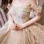 Luxury / Gorgeous Champagne Wedding Dresses 2019 Ball Gown Off-The-Shoulder Short Sleeve Backless Handmade  Beading Glitter Tulle Royal Train Ruffle