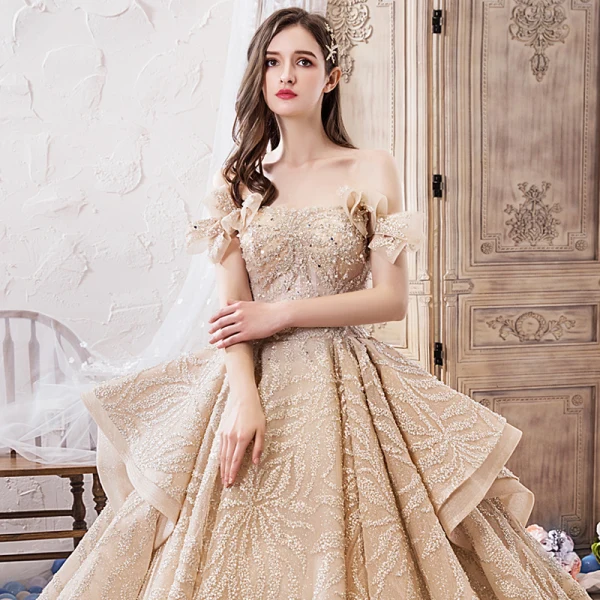 Luxury / Gorgeous Champagne Wedding Dresses 2019 Ball Gown Off-The-Shoulder Short Sleeve Backless Handmade Beading Glitter Tulle Royal Train Ruffle