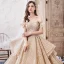 Luxury / Gorgeous Champagne Wedding Dresses 2019 Ball Gown Off-The-Shoulder Short Sleeve Backless Handmade  Beading Glitter Tulle Royal Train Ruffle
