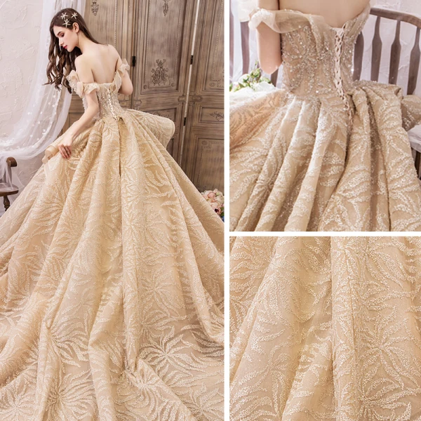 Luxury / Gorgeous Champagne Wedding Dresses 2019 Ball Gown Off-The-Shoulder Short Sleeve Backless Handmade Beading Glitter Tulle Royal Train Ruffle