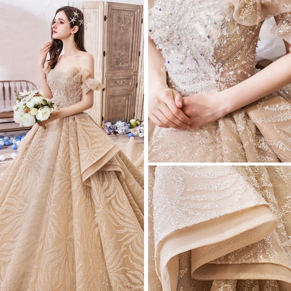 Luxury / Gorgeous Champagne Wedding Dresses 2019 Ball Gown Off-The-Shoulder Short Sleeve Backless Handmade Beading Glitter Tulle Royal Train Ruffle