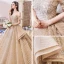 Luxury / Gorgeous Champagne Wedding Dresses 2019 Ball Gown Off-The-Shoulder Short Sleeve Backless Handmade  Beading Glitter Tulle Royal Train Ruffle
