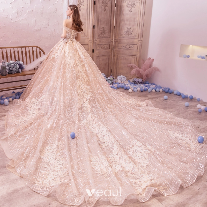 Floral Princess Wedding Dress with Glitter Tulle