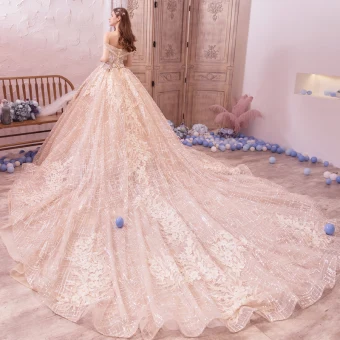 Bling Bling Champagne Wedding Dresses 2019 A Line Princess Off The Shoulder Short Sleeve Backless Appliques Lace Flower Beading Glitter Tulle Royal Train Ruffle