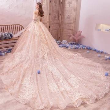 Bling Bling Champagne Wedding Dresses 2019 A Line Princess Off The Shoulder Short Sleeve Backless Appliques Lace Flower Beading Glitter Tulle Royal Train Ruffle
