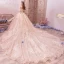 Bling Bling Champagne Wedding Dresses 2019 A-Line / Princess Off-The-Shoulder Short Sleeve Backless Appliques Lace Flower Beading Glitter Tulle Royal Train Ruffle