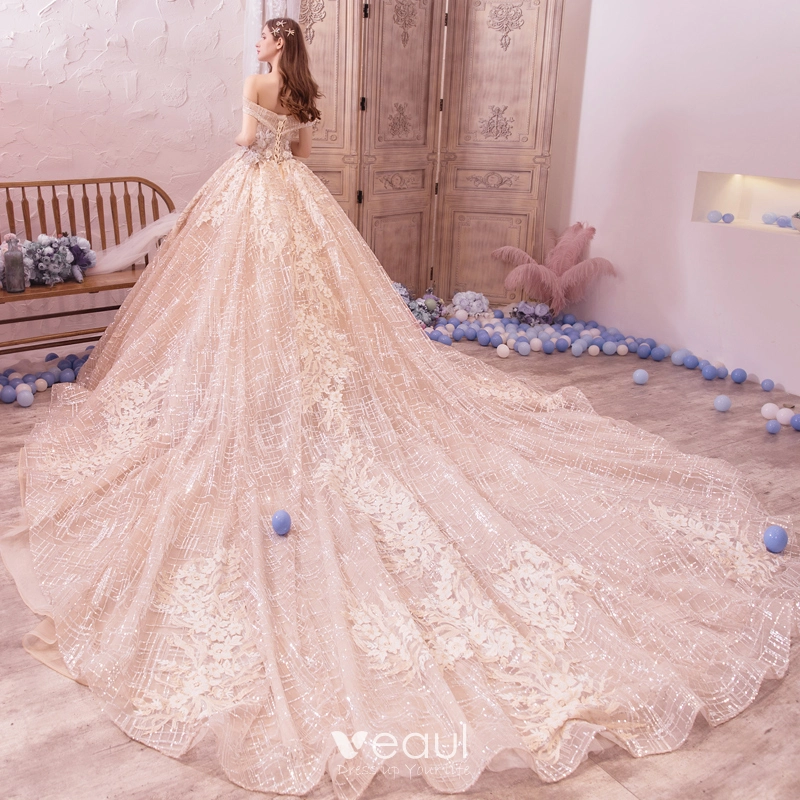 Bling Bling Champagne Wedding Dresses 2019 A-Line / Princess Off-The-Shoulder Short Sleeve Backless Appliques Lace Flower Beading Glitter Tulle Royal Train Ruffle Bling Bling Champagne Wedding Dresses 2019 A-Line / Princess Off-The-Shoulder Short Sleeve Backless Appliques Lace Flower Beading Glitter Tulle Royal Train Ruffle
