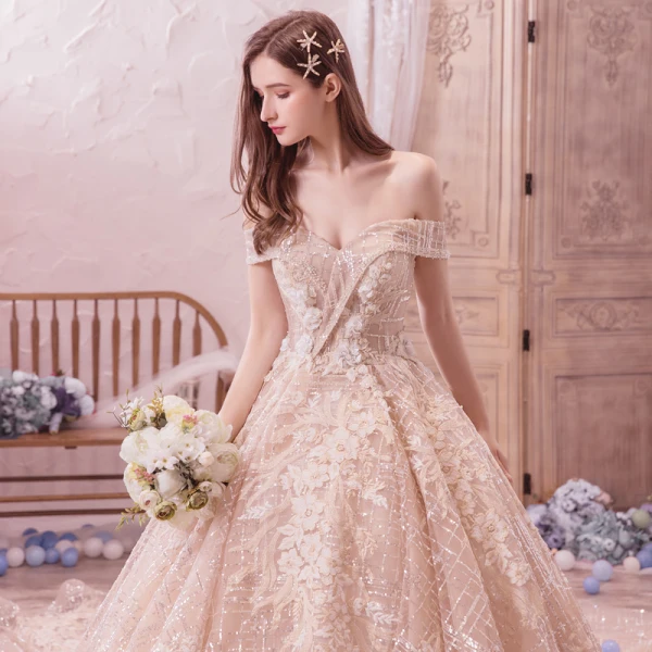 Bling Bling Champagne Wedding Dresses 2019 A-Line / Princess Off-The-Shoulder Short Sleeve Backless Appliques Lace Flower Beading Glitter Tulle Royal Train Ruffle