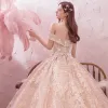 Bling Bling Champagne Wedding Dresses 2019 A-Line / Princess Off-The-Shoulder Short Sleeve Backless Appliques Lace Flower Beading Glitter Tulle Royal Train Ruffle