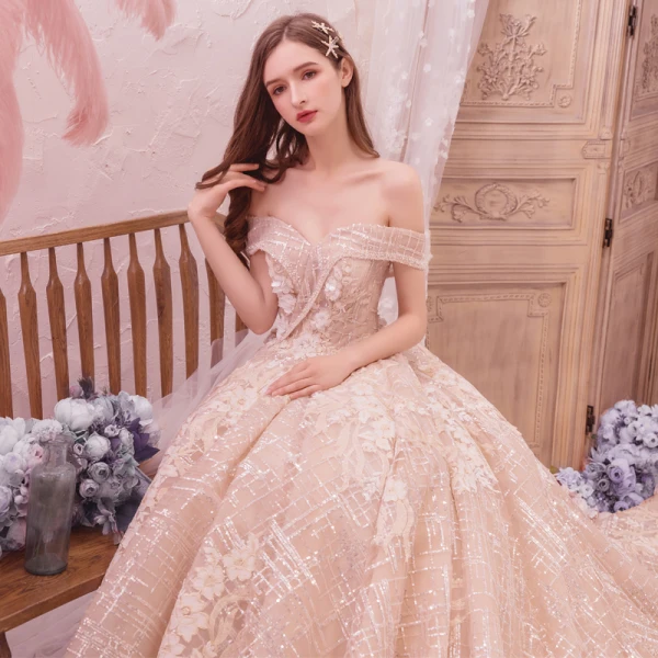 Bling Bling Champagne Wedding Dresses 2019 A-Line / Princess Off-The-Shoulder Short Sleeve Backless Appliques Lace Flower Beading Glitter Tulle Royal Train Ruffle