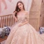 Bling Bling Champagne Wedding Dresses 2019 A-Line / Princess Off-The-Shoulder Short Sleeve Backless Appliques Lace Flower Beading Glitter Tulle Royal Train Ruffle