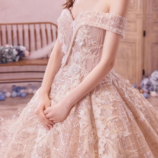 Bling Bling Champagne Wedding Dresses 2019 A-Line / Princess Off-The-Shoulder Short Sleeve Backless Appliques Lace Flower Beading Glitter Tulle Royal Train Ruffle