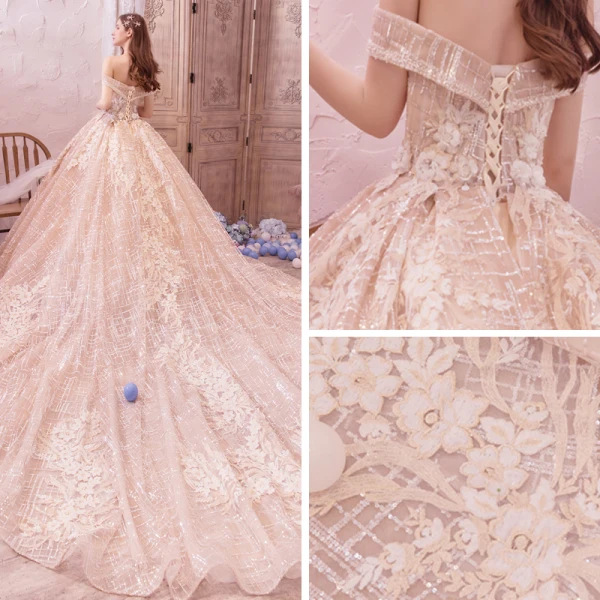 Bling Bling Champagne Wedding Dresses 2019 A-Line / Princess Off-The-Shoulder Short Sleeve Backless Appliques Lace Flower Beading Glitter Tulle Royal Train Ruffle