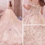 Bling Bling Champagne Wedding Dresses 2019 A-Line / Princess Off-The-Shoulder Short Sleeve Backless Appliques Lace Flower Beading Glitter Tulle Royal Train Ruffle