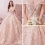Bling Bling Champagne Wedding Dresses 2019 A-Line / Princess Off-The-Shoulder Short Sleeve Backless Appliques Lace Flower Beading Glitter Tulle Royal Train Ruffle
