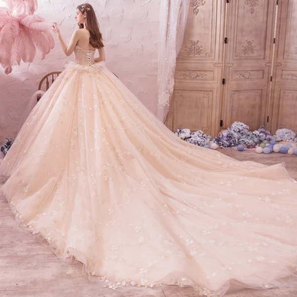 Romantisk Champagne Brudekjoler 2019 Ballkjole Kjæreste Uten Ermer Ryggløse Appliques Blonder Beading Rhinestone Glitter Tyll Cathedral Train Buste