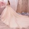 Romantic Champagne Wedding Dresses 2019 Ball Gown Sweetheart Sleeveless Backless Appliques Lace Beading Rhinestone Glitter Tulle Cathedral Train Ruffle