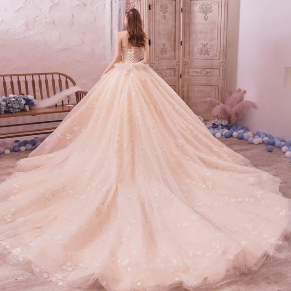 Romantisk Champagne Brudekjoler 2019 Ballkjole Kjæreste Uten Ermer Ryggløse Appliques Blonder Beading Rhinestone Glitter Tyll Cathedral Train Buste
