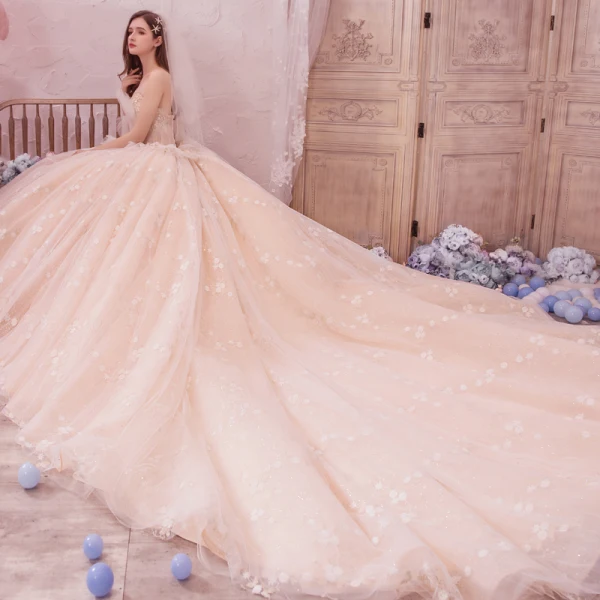 Romantisk Champagne Brudekjoler 2019 Ballkjole Kjæreste Uten Ermer Ryggløse Appliques Blonder Beading Rhinestone Glitter Tyll Cathedral Train Buste