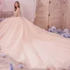 Romantic Champagne Wedding Dresses 2019 Ball Gown Sweetheart Sleeveless Backless Appliques Lace Beading Rhinestone Glitter Tulle Cathedral Train Ruffle
