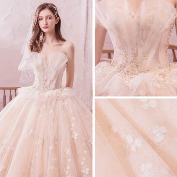 Romantisk Champagne Brudekjoler 2019 Ballkjole Kjæreste Uten Ermer Ryggløse Appliques Blonder Beading Rhinestone Glitter Tyll Cathedral Train Buste