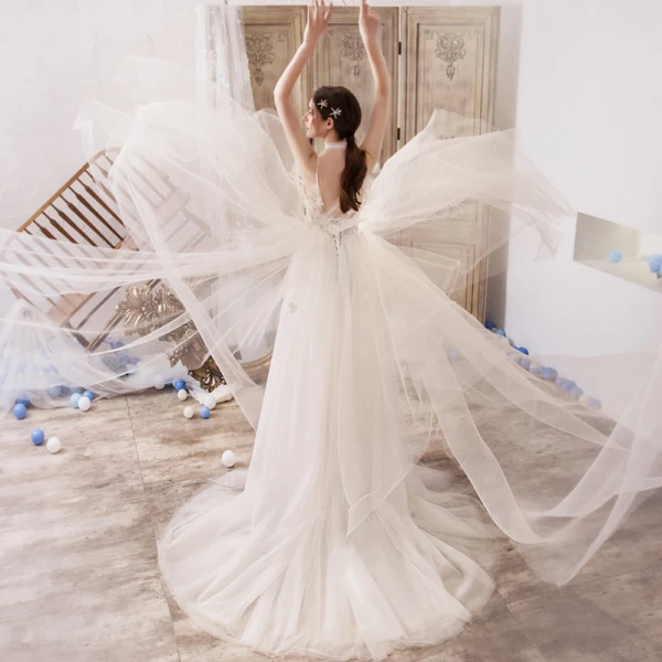 Romantic Champagne Outdoor / Garden Wedding Dresses 2019 A-Line / Princess Spaghetti Straps Sleeveless Backless Appliques Lace Beading Court Train Ruffle