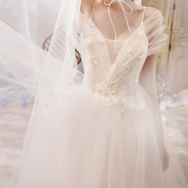 Romantic Champagne Outdoor / Garden Wedding Dresses 2019 A-Line / Princess Spaghetti Straps Sleeveless Backless Appliques Lace Beading Court Train Ruffle