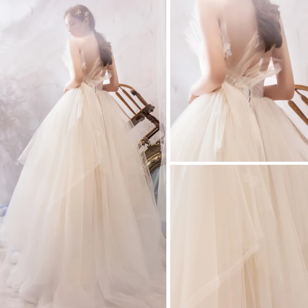 Romantic Champagne Outdoor / Garden Wedding Dresses 2019 A-Line / Princess Spaghetti Straps Sleeveless Backless Appliques Lace Beading Court Train Ruffle